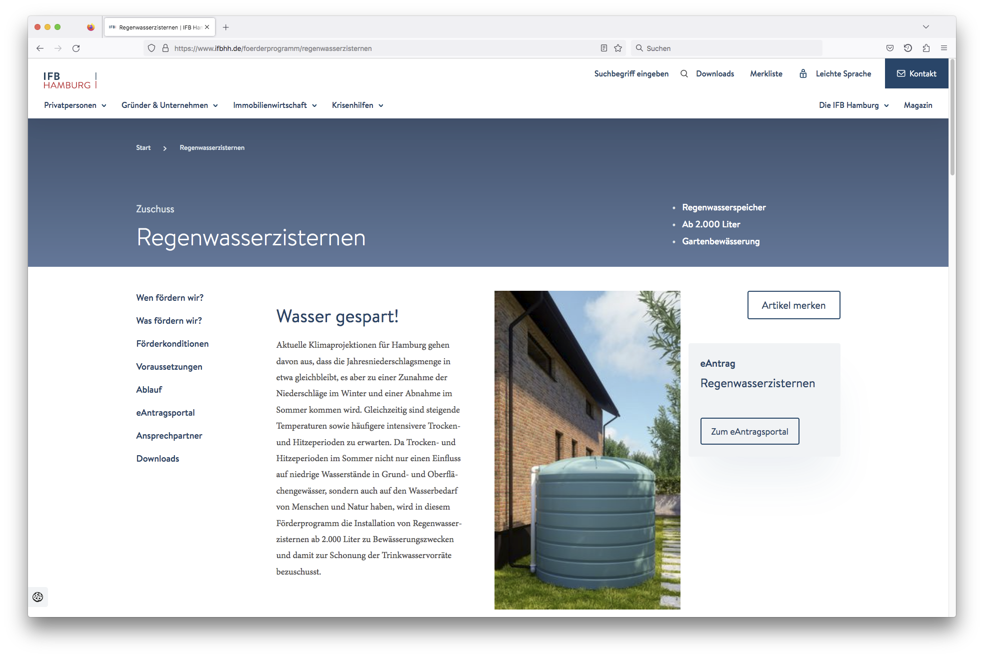Screenshot Website von ifbhhh Förderprogramm